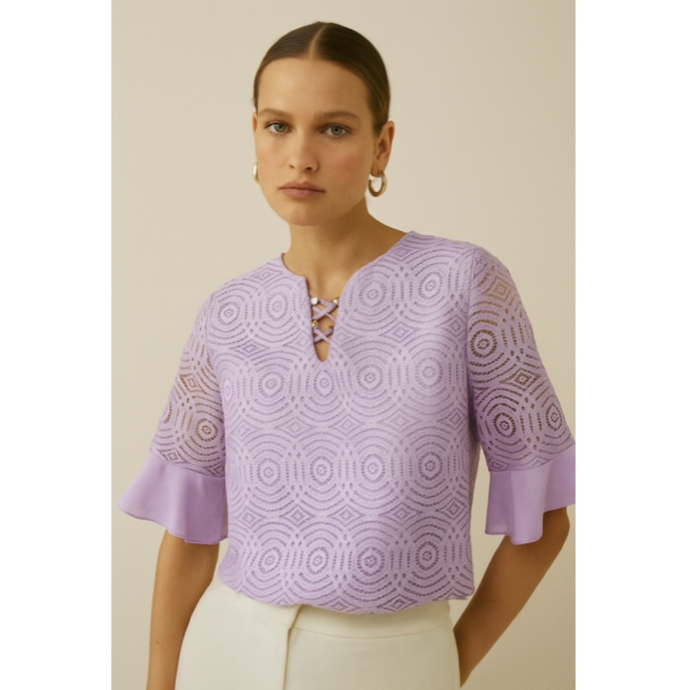 JM Collection Women's Blouse Lace Round Patterns Circular Ring Short Sleeves S